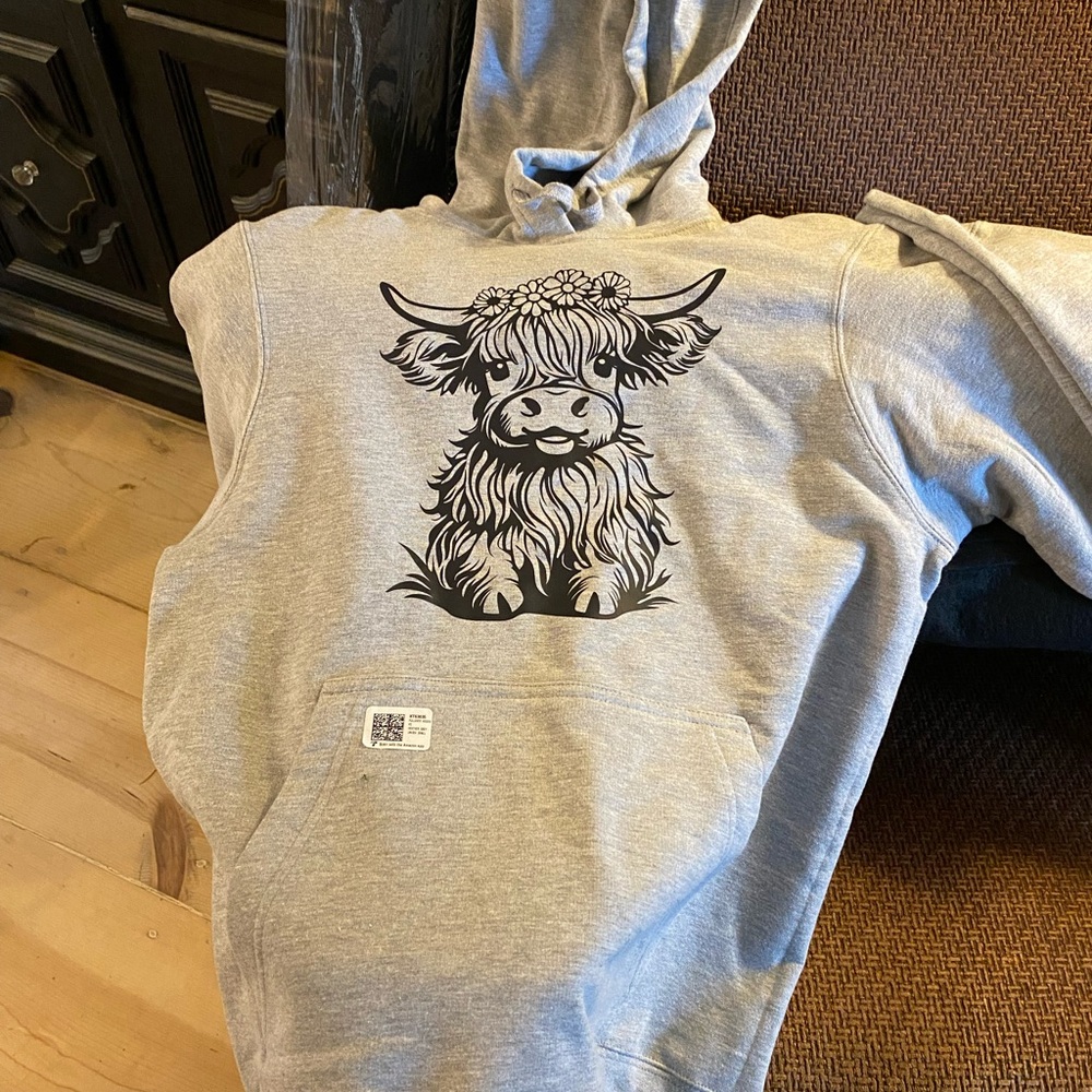 Gray Hoodie with Highland Cow Print